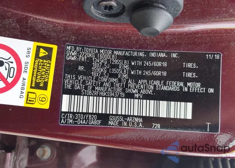 2019 Toyota Highlander Le from USA, damaged, VIN 5TDBZRFH6KS943719